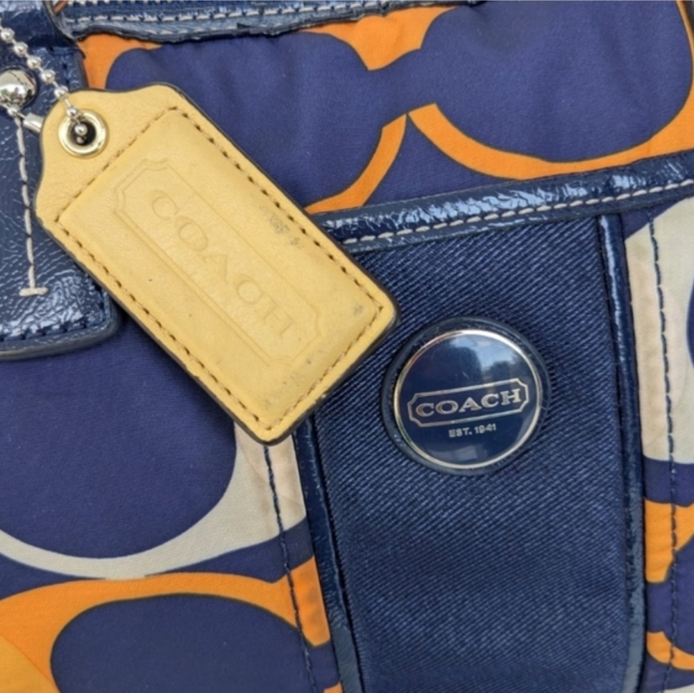 🍍Coach Signature Stripe Satchel Navy and Orange Shoulder Bag - Picture 9 of 11